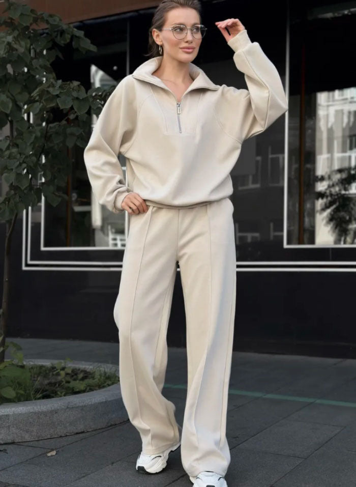 Damen Loungewear-Set mit halbem Reißverschluss und weiter Bügelfalten-Hose EB