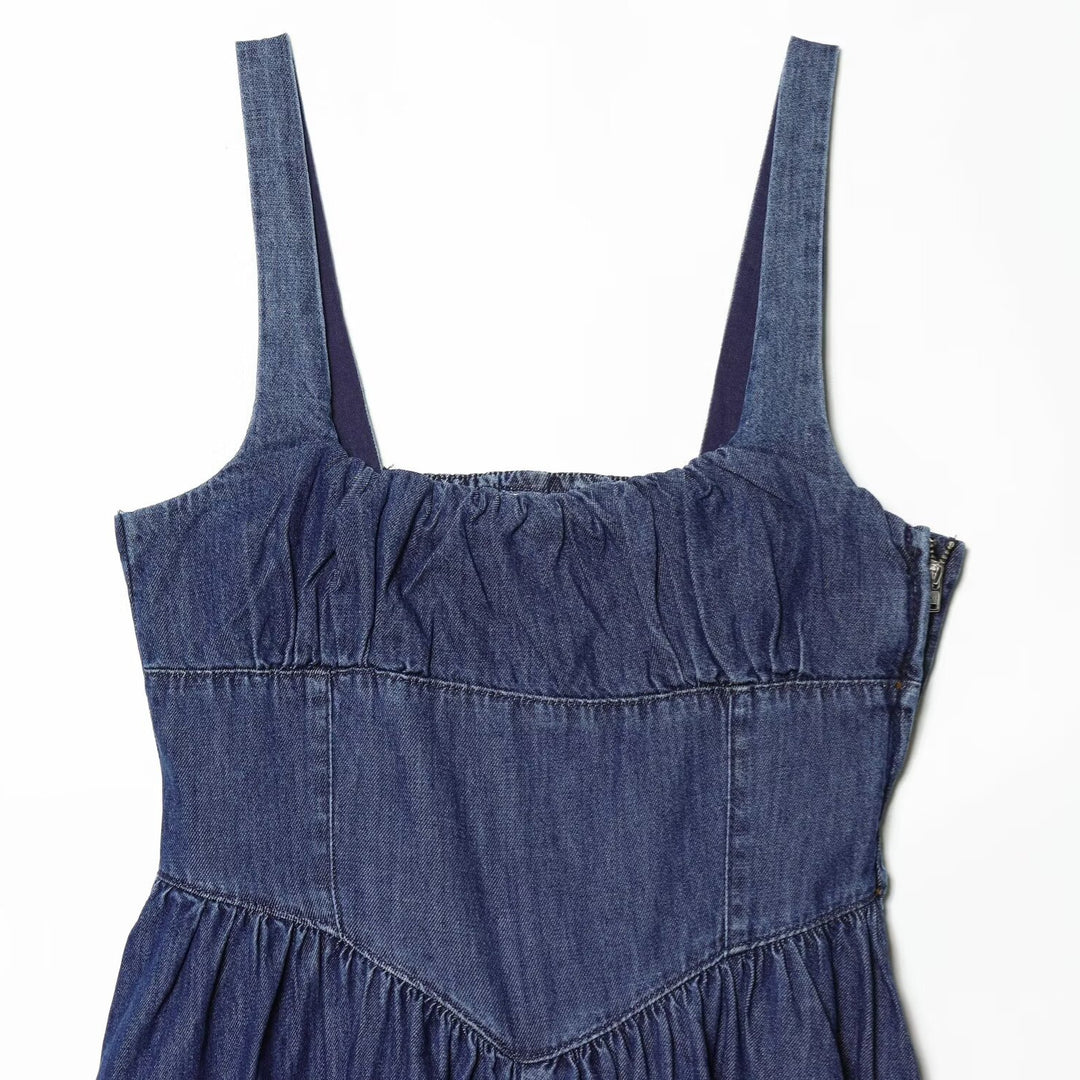 Damen Denim Maxikleid mit schwingendem Rock und verstellbaren Trägern EB