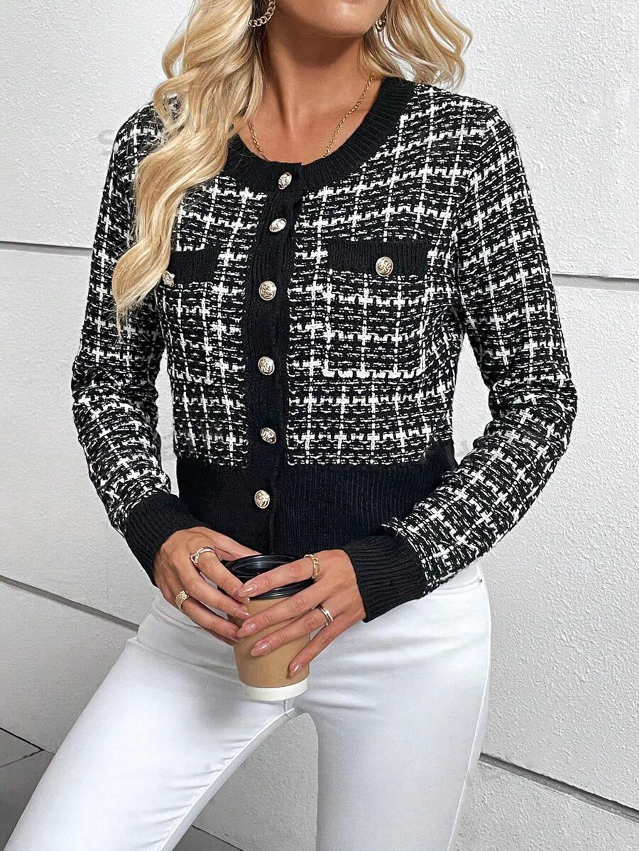 Damen eleganter Cardigan mit strukturiertem Gewebe und dekorativen Knöpfen EB