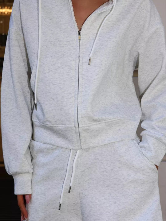 Damen nan kurzes Kapuzen-Sweatshirt mit Reißverschluss und elastischer Highwaist-Relax-Shorts Set EB