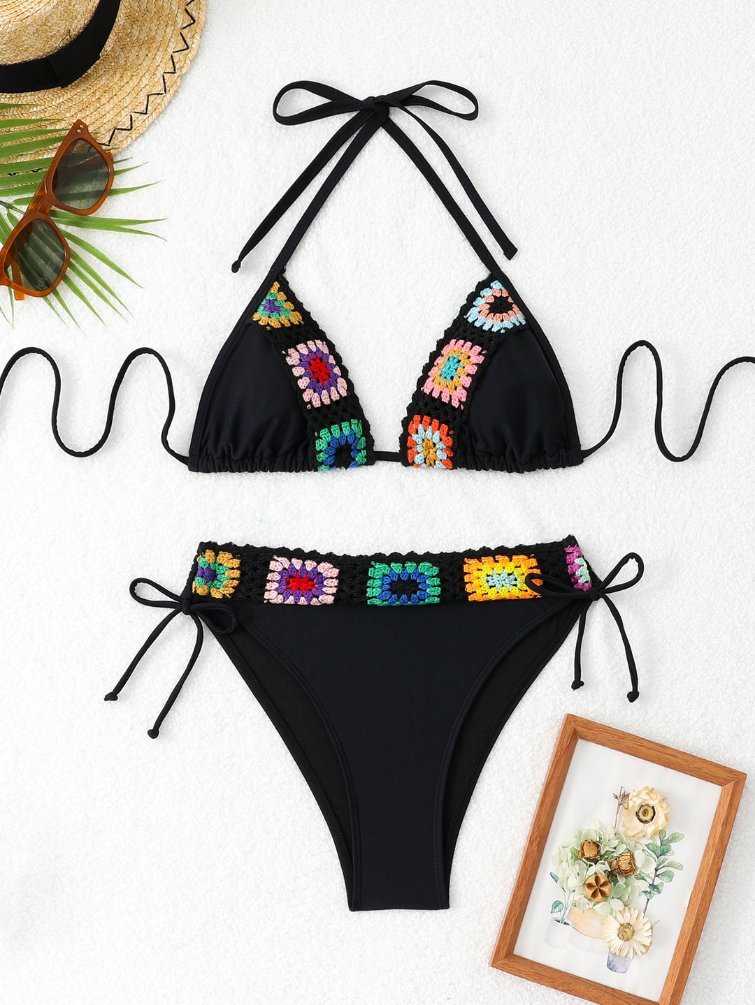 Damen Triangel-Bikini mit kreativen Häkelapplikationen EB
