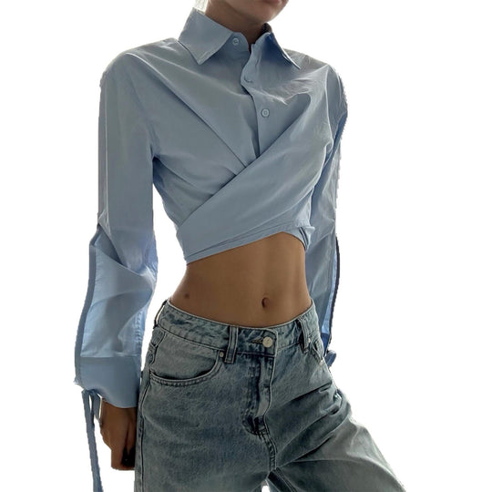 Damen Cropped Hemdbluse mit innovativem Wickeldesign und langen Ärmeln EB