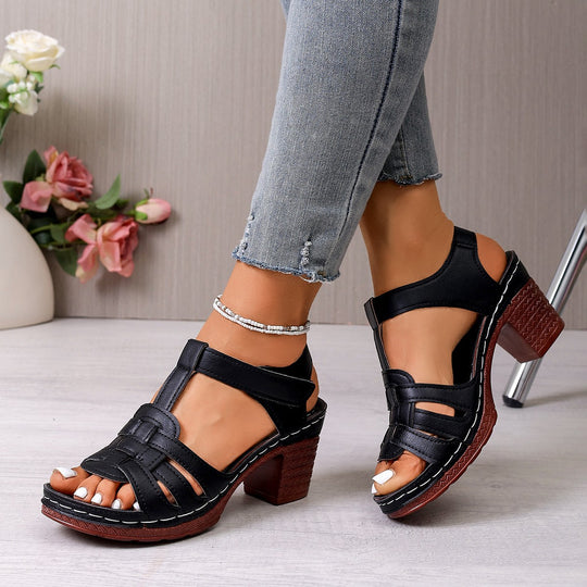 Damen Komfortable Riemchen-Sandalen mit geschwungenem Absatz und atmungsaktivem Leder EB