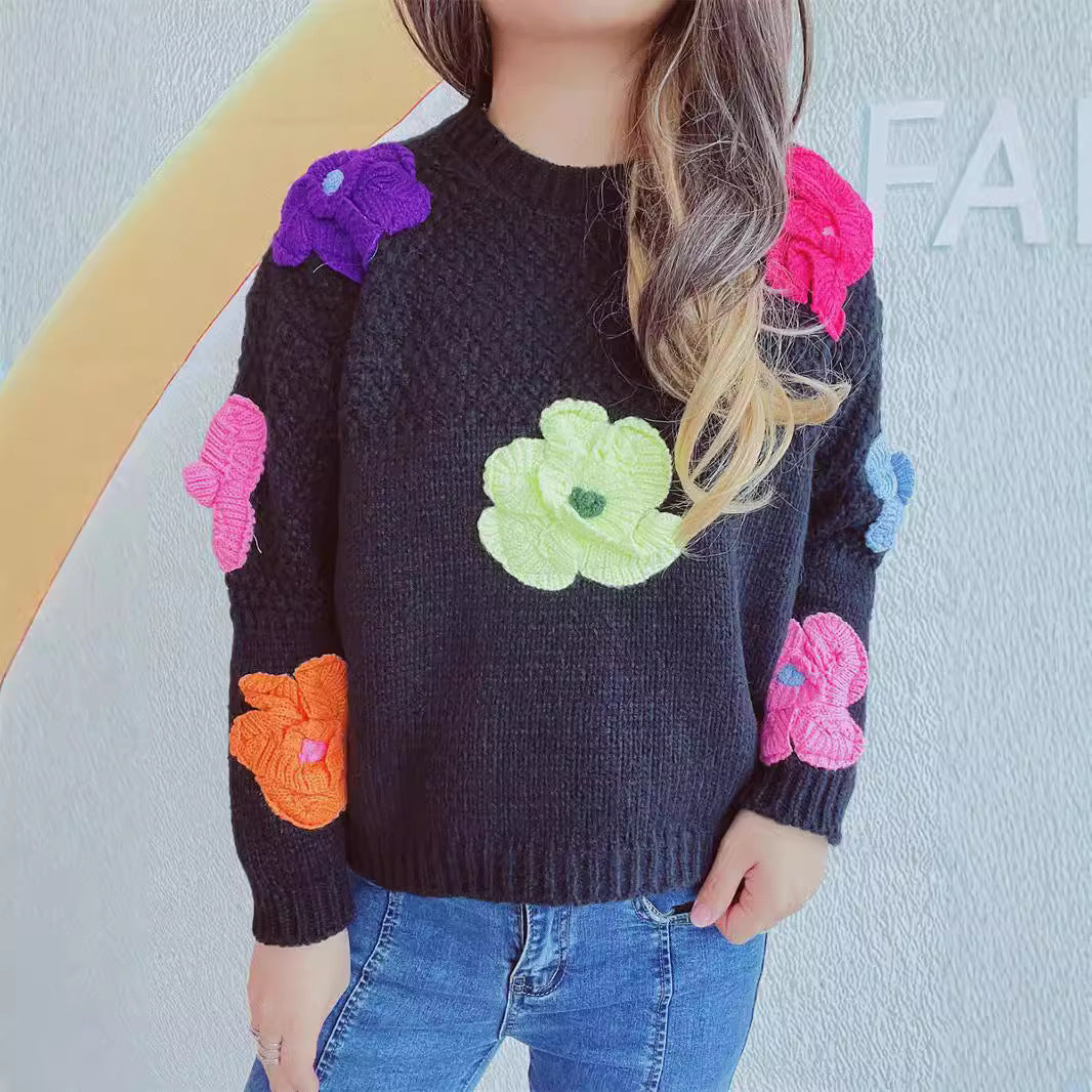 Damen kuscheliger Strickpullover mit floralem 3D-Motiv EB