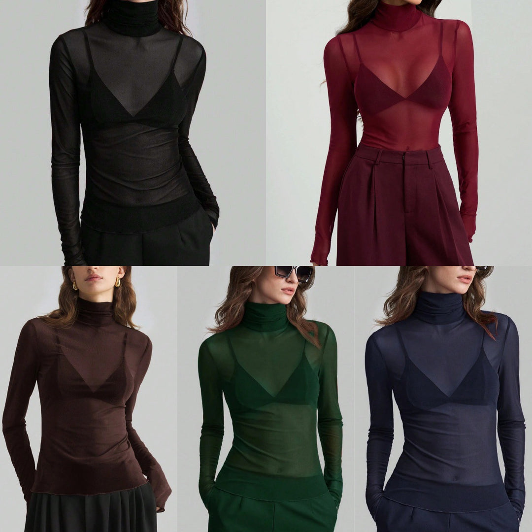 Damen Transparente Turtleneck-Bluse mit figurformendem Schnitt EB