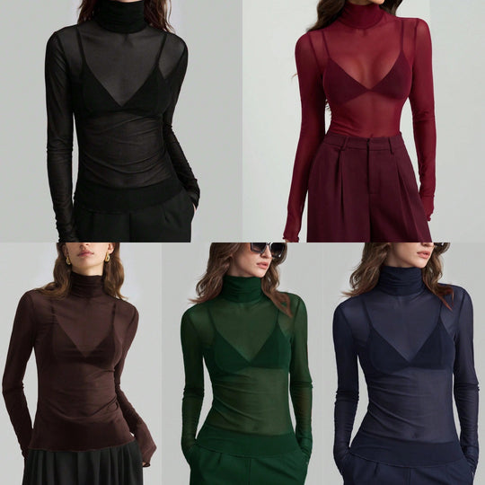 Damen Transparente Turtleneck-Bluse mit figurformendem Schnitt EB