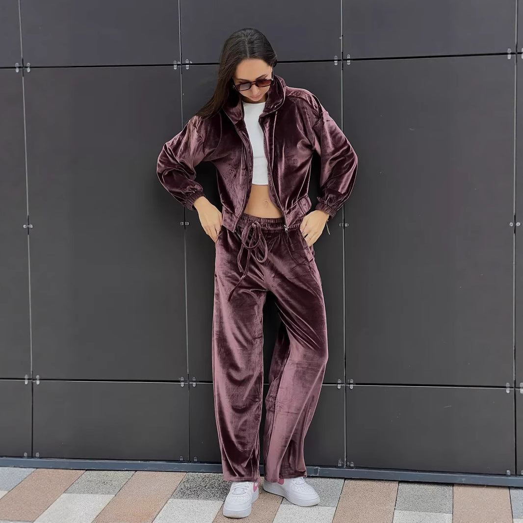 Damen weiches Velours-Lounge-Set mit kurzer Reißverschluss-Kapuzenjacke und weiter High-Waist-Hose EB