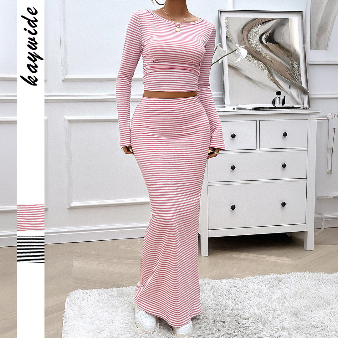 Damen nan gestreiftes zweiteiliges Bodycon-Set mit Langarm-Crop-Top und tailliertem Maxirock EB