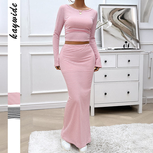 Damen nan gestreiftes zweiteiliges Bodycon-Set mit Langarm-Crop-Top und tailliertem Maxirock EB