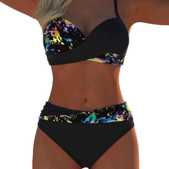 Damen Hochgeschnittener Bikini mit modischem Druck und verstellbaren Seitenbanden EB