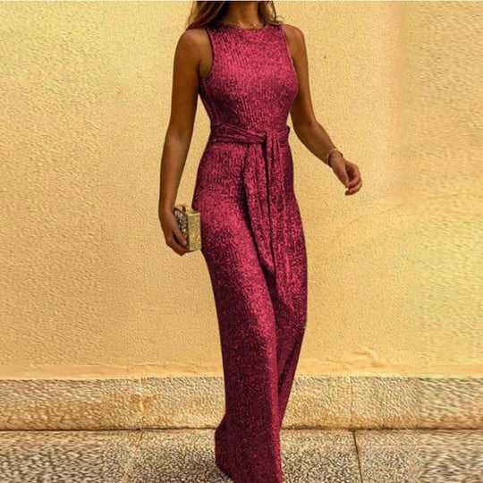 Damen Glamouröses Maxikleid mit glänzendem Paillettenbesatz und eleganter Taillenbindung EB