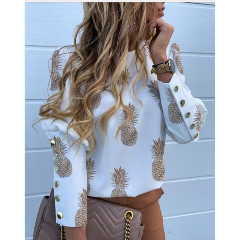 Damen Leichte Bluse mit Leopardenprint, Ballonärmeln und Zierknopfleiste EB