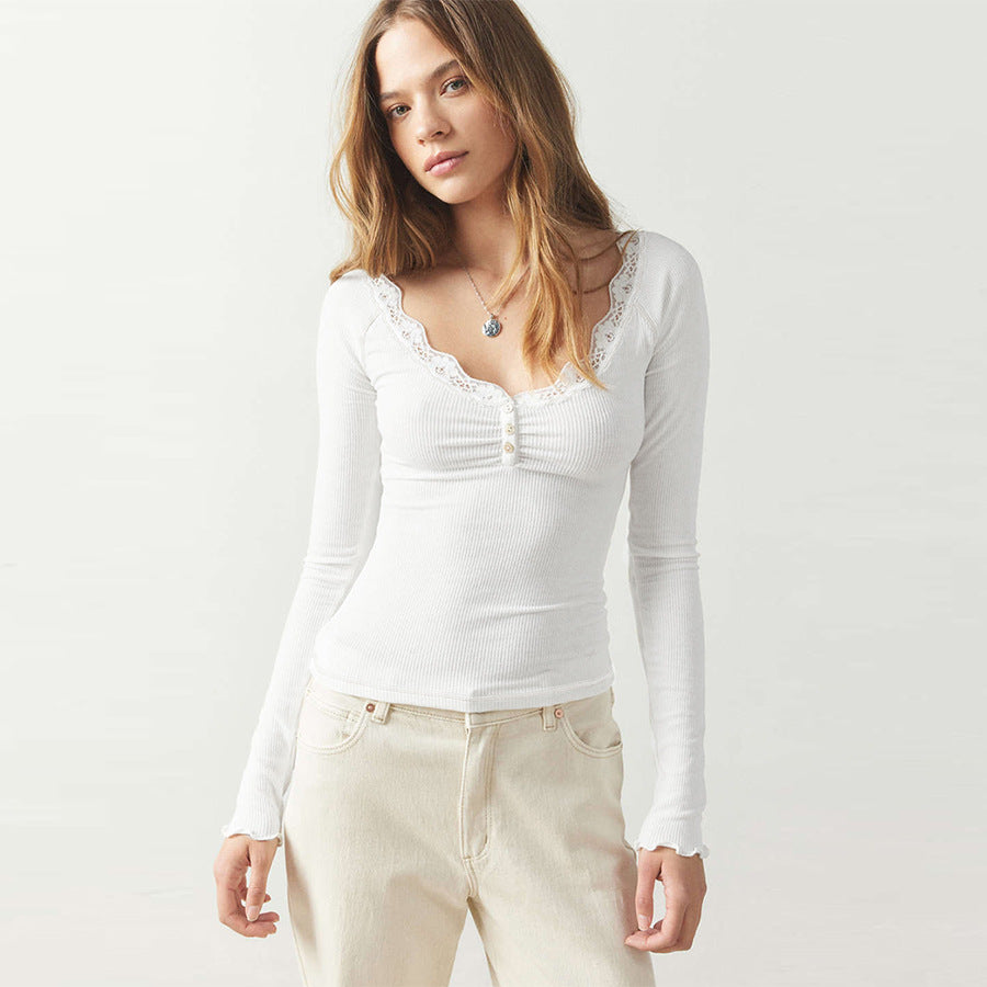 Damen Langarmshirt mit Spitzendetails und Knopfleiste EB