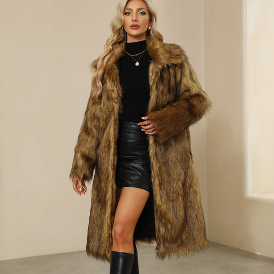 Damen Luxuriöser Langmantel aus Kunstfell mit elegantem Kragen EB