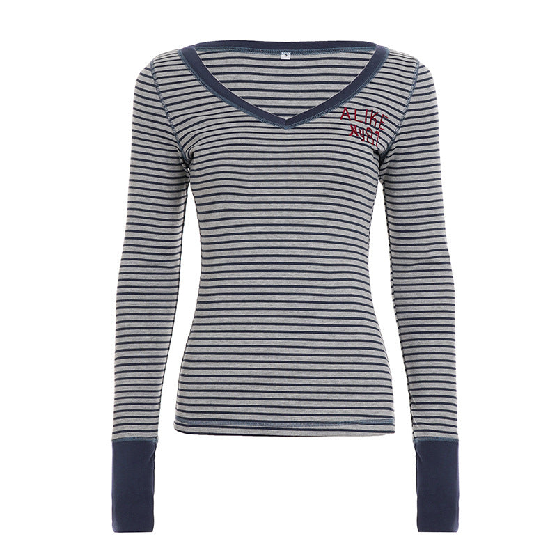 Damen nan gestreiftes V‑Ausschnitt Longsleeve mit taillierter Silhouette und verlängerten Bündchen EB
