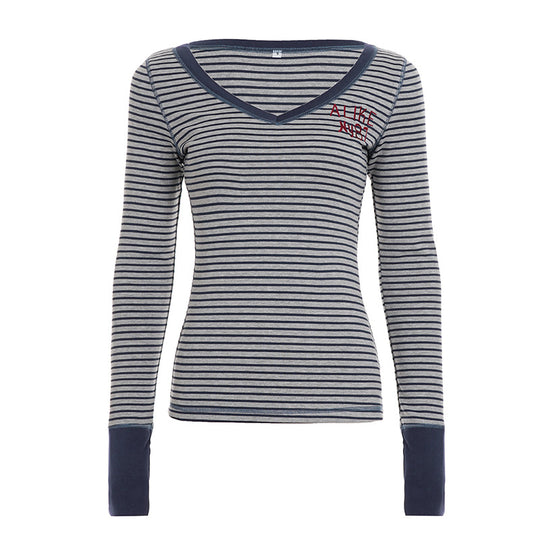 Damen nan gestreiftes V‑Ausschnitt Longsleeve mit taillierter Silhouette und verlängerten Bündchen EB
