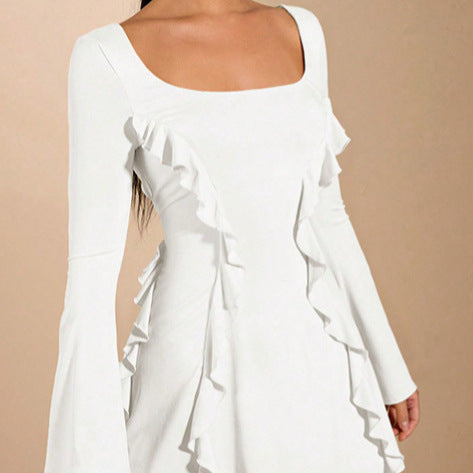 Damen elegantes Rüschenkleid mit tiefem Ausschnitt und langen Ärmeln EB