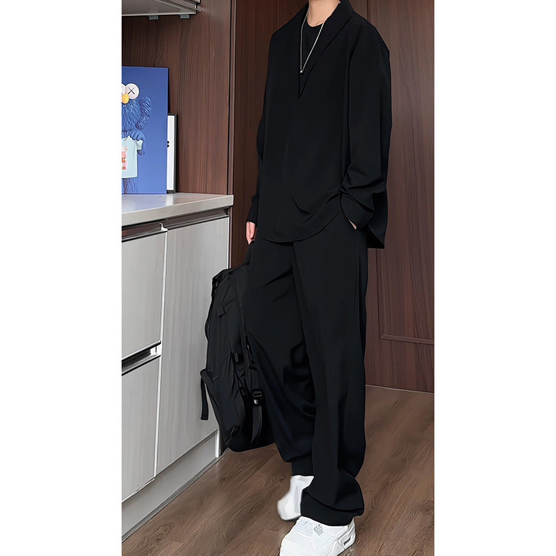 Herren nan locker geschnittenes zweiteiliges Freizeitset mit tiefem V-Ausschnitt Overshirt und weitem Bundfaltenhose EB