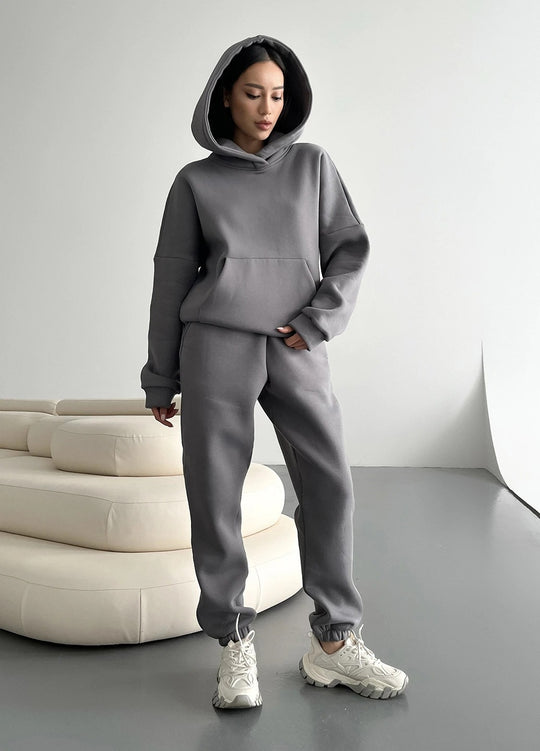Damen nan zweiteiliges Komfort-Loungewear-Set mit oversized Kapuzenpullover, Kängurutasche und elastischem Knöchel-Jogger aus French Terry EB
