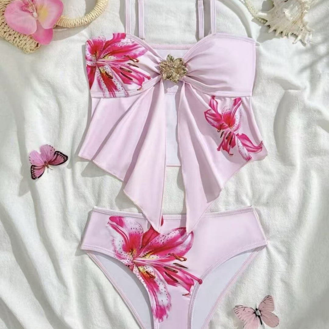 Damen Bikini-Set mit floralem Wickeldetail und eleganter Blütenapplikation EB
