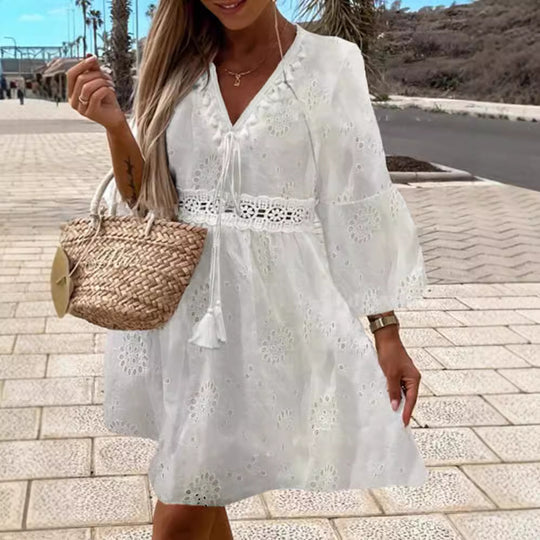 Damen Sommerkleid mit luftigen Trompetenärmel und elegantem Häkelgürtel EB