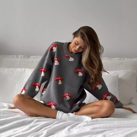 Damen weiter Strickpullover mit Pilzmotiv Rundhals Rippbündchen Eichborn Berlin