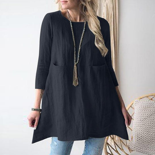 Damen lässiges Tunika-Kleid mit praktischen Taschen und 3/4-Ärmeln EB