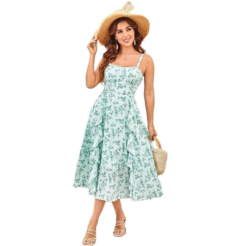 Damen Freizeitmaxikleid mit zarten Rüschendetails und floralem Design EB