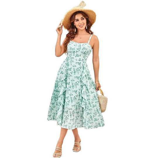 Damen Freizeitmaxikleid mit zarten Rüschendetails und floralem Design EB
