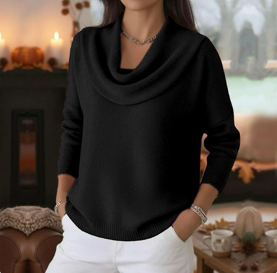 Damen Lässiger Schalkragen-Feinstrickpullover mit überschnittener Schulter und geripptem Saum EB