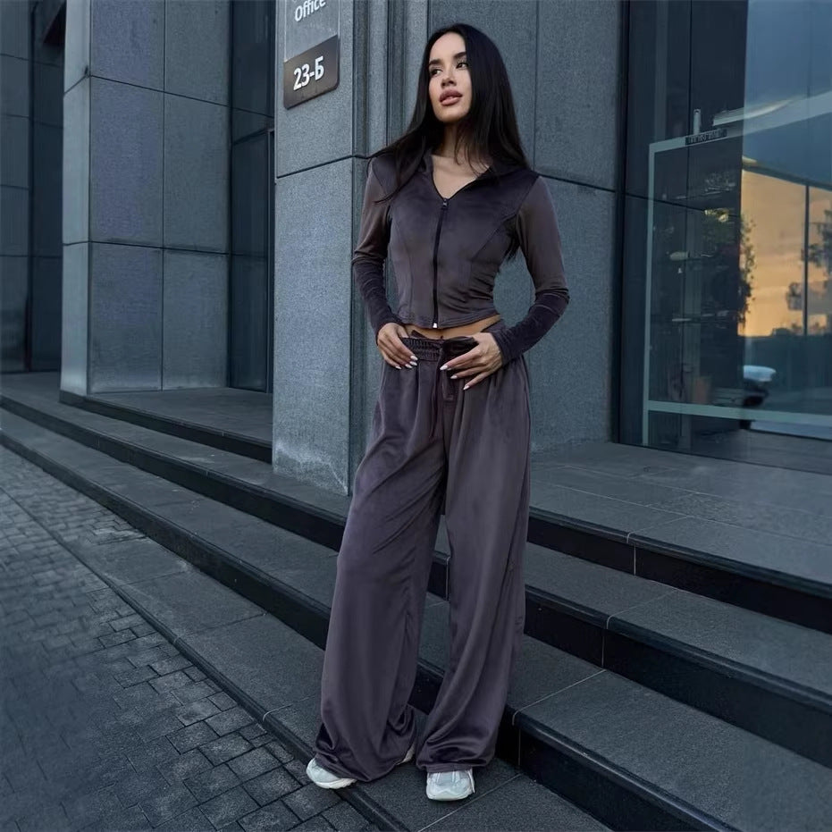 Damen Lounge-Set mit taillierter Kapuzenjacke und extraweiter Palazzo-Jogginghose EB