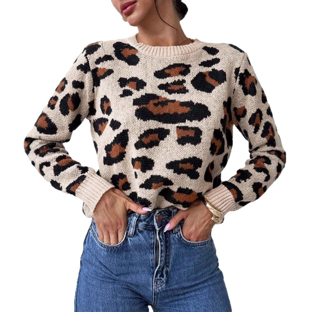 Damen kuscheliger Strickpullover mit Leopardenmuster und überschnittenen Schultern EB