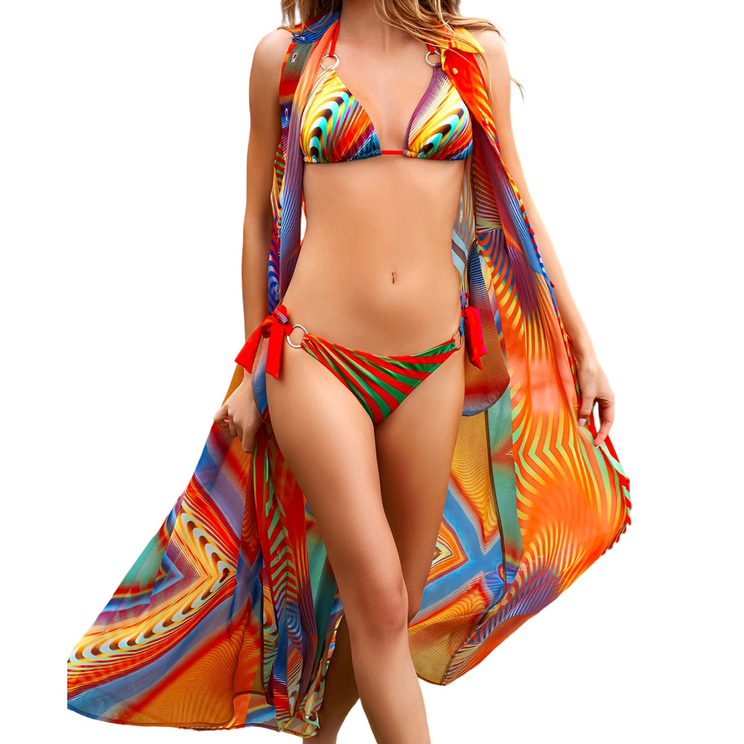 Damen Triangel-Bikini mit stylischen Schleifen und buntem Streifenmuster EB