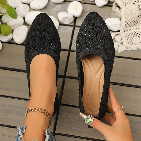 Damen elegante Ballerinas mit modischem Strass-Detail und atmungsaktiver Strickoberfläche EB