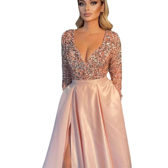 Damen Glamouröses Abendkleid mit tiefem V-Ausschnitt und schimmernden Pailletten EB