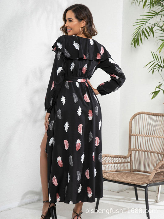 Damen Maxi-Kleid mit Rüschendetails und schickem Bindegürtel EB