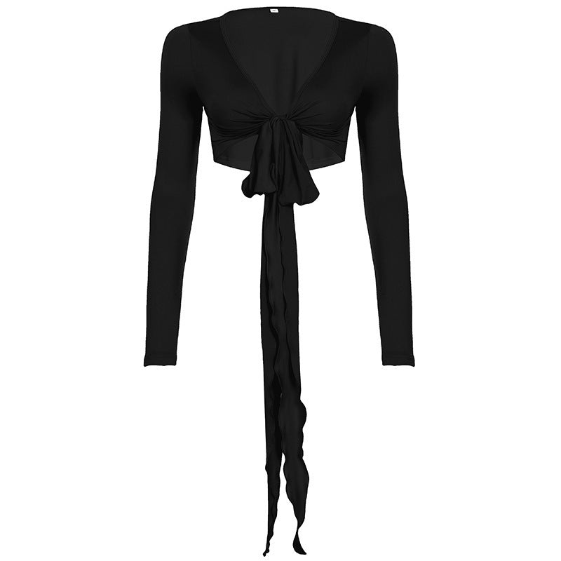 Damen Crop-Top mit verspieltem Bindeband und langen Ärmeln EB