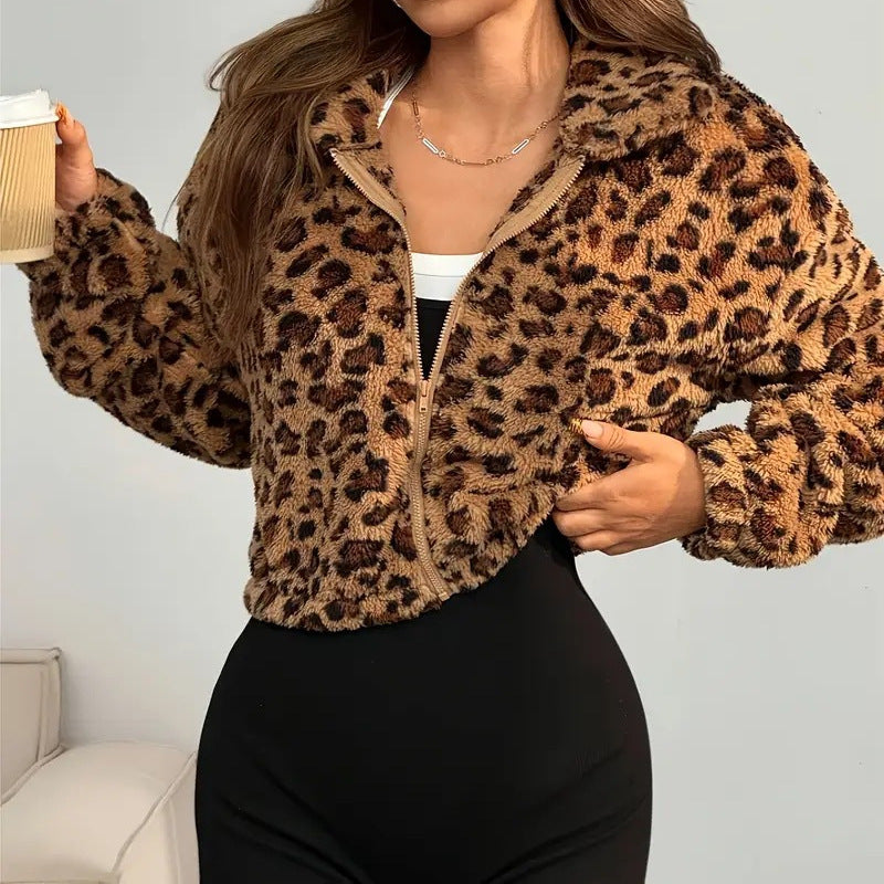 Damen Fleecejacke mit Animal-Print und praktischem Reißverschluss EB