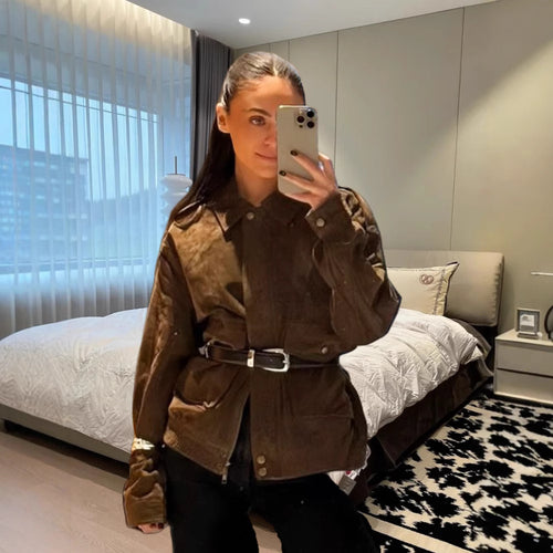 Damen stylische Utility-Jacke mit Gürtel und praktischen Taschen EB