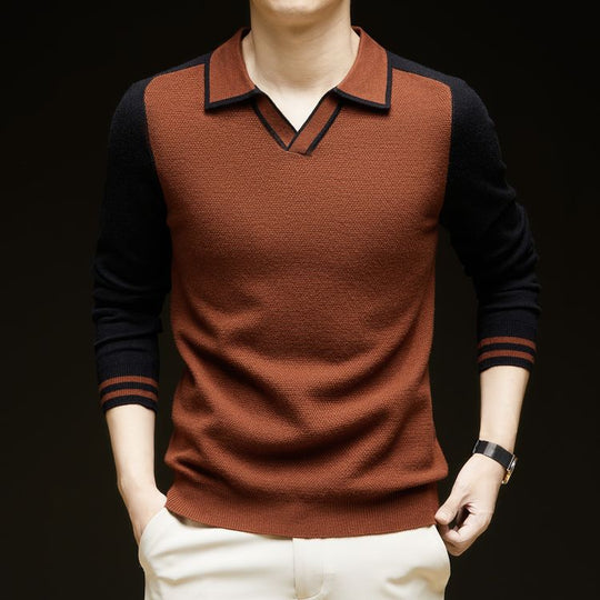 Herren Feinstrickpullover mit V-Ausschnitt und modischem Kontrastdesign EB