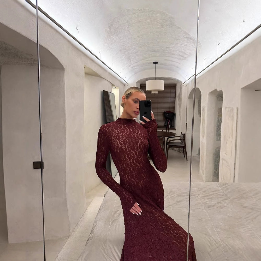 Damen Maxikleid aus feiner Spitze mit langem Arm und hochgeschlossenem Design EB