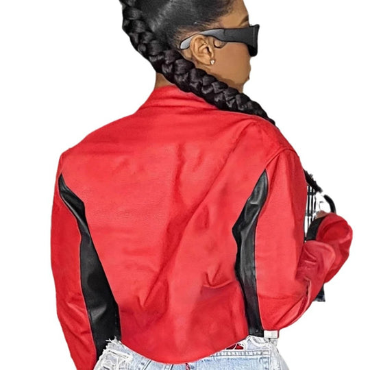 Damen cropped Kunstlederjacke mit kontrastierenden Farbdetails EB