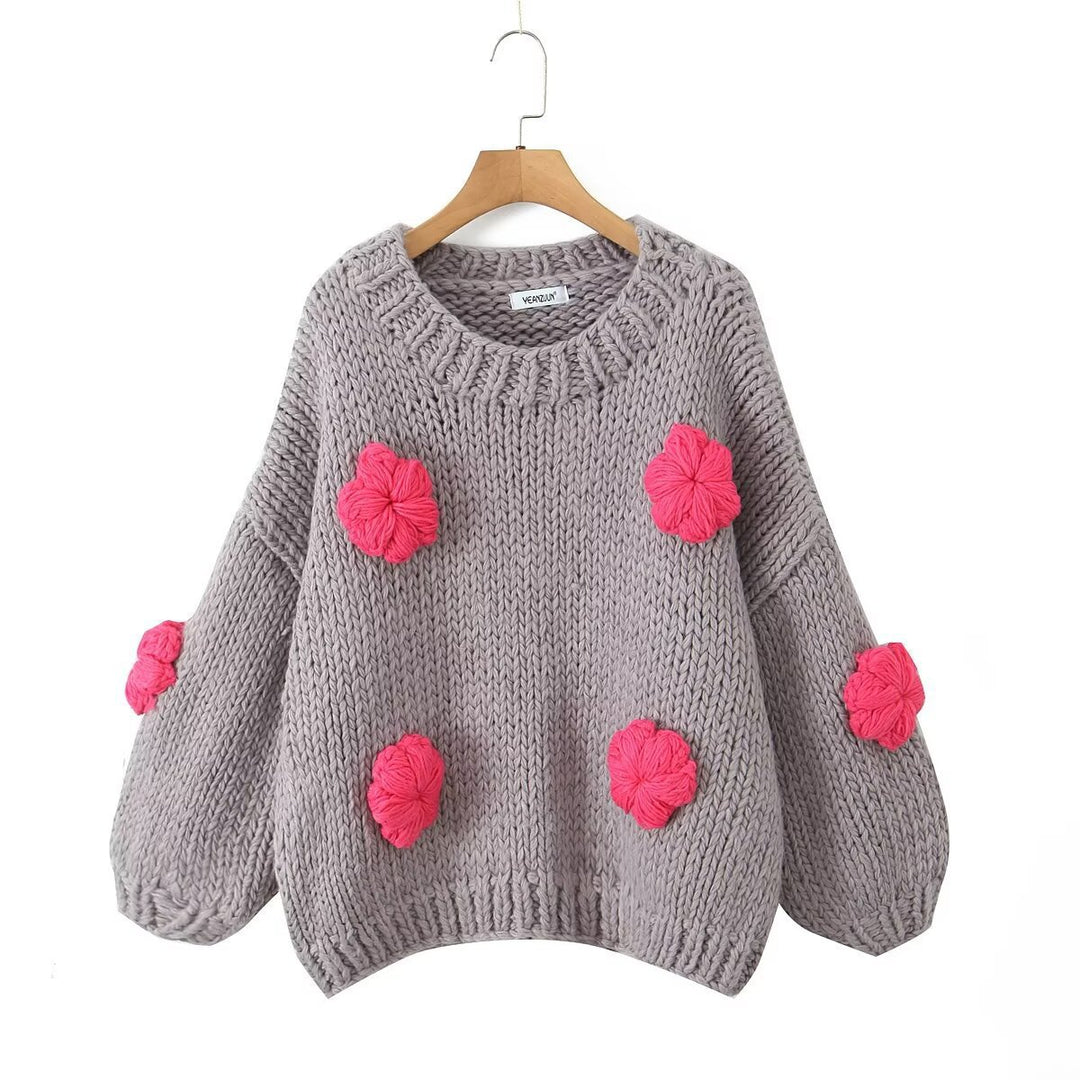 Damen gepunkteter Strickpullover mit voluminösen Ärmeln und floralem Design EB