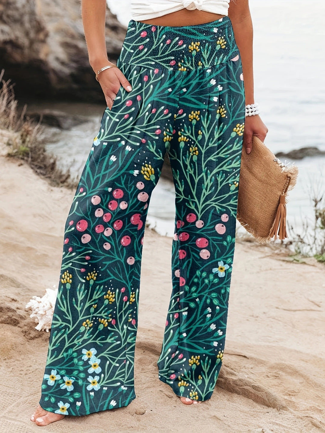 Damen Weit geschnittene Strandhose mit floralem Motiven und elastischem Bund EB