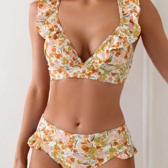Damen Badeset mit Rüschen und floralem Muster EB