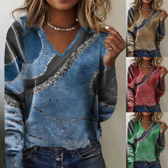 Damen V-Ausschnitt Langarmshirt mit modernem Wellendesign EB