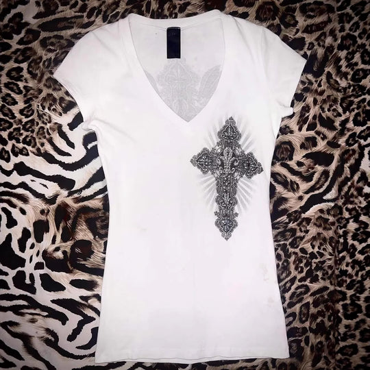 Damen V-Ausschnitt T-Shirt mit kunstvollem Kreuzdesign EB
