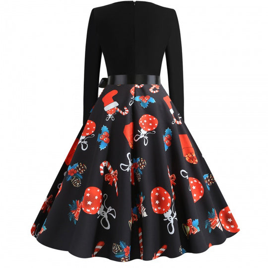 Damen Retro Swingkleid mit Jersey‑Oberteil, taillierter Satin‑Schärpe und festlichem Print EB