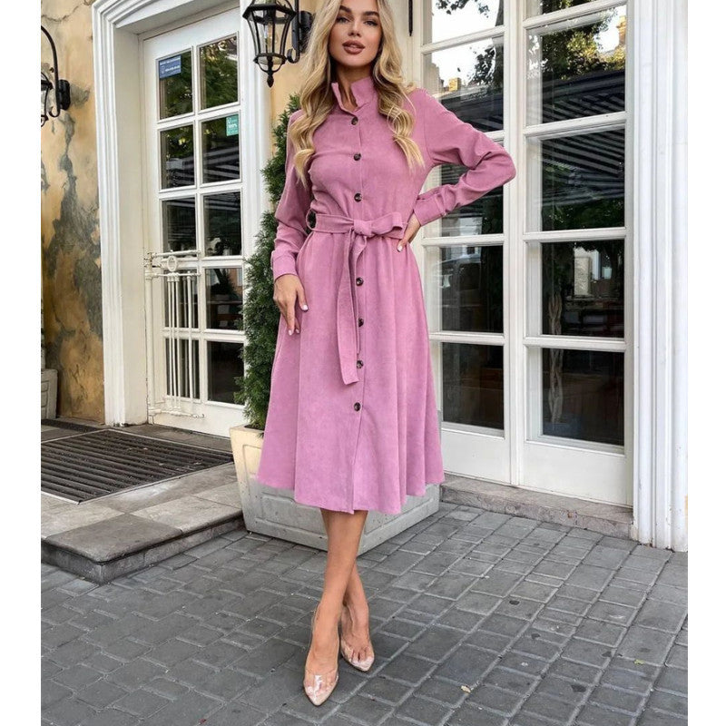 Damen Midi-Kleid mit Knopfleiste und Taillengürtel EB