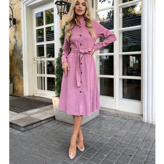 Damen Midi-Kleid mit Knopfleiste und Taillengürtel EB